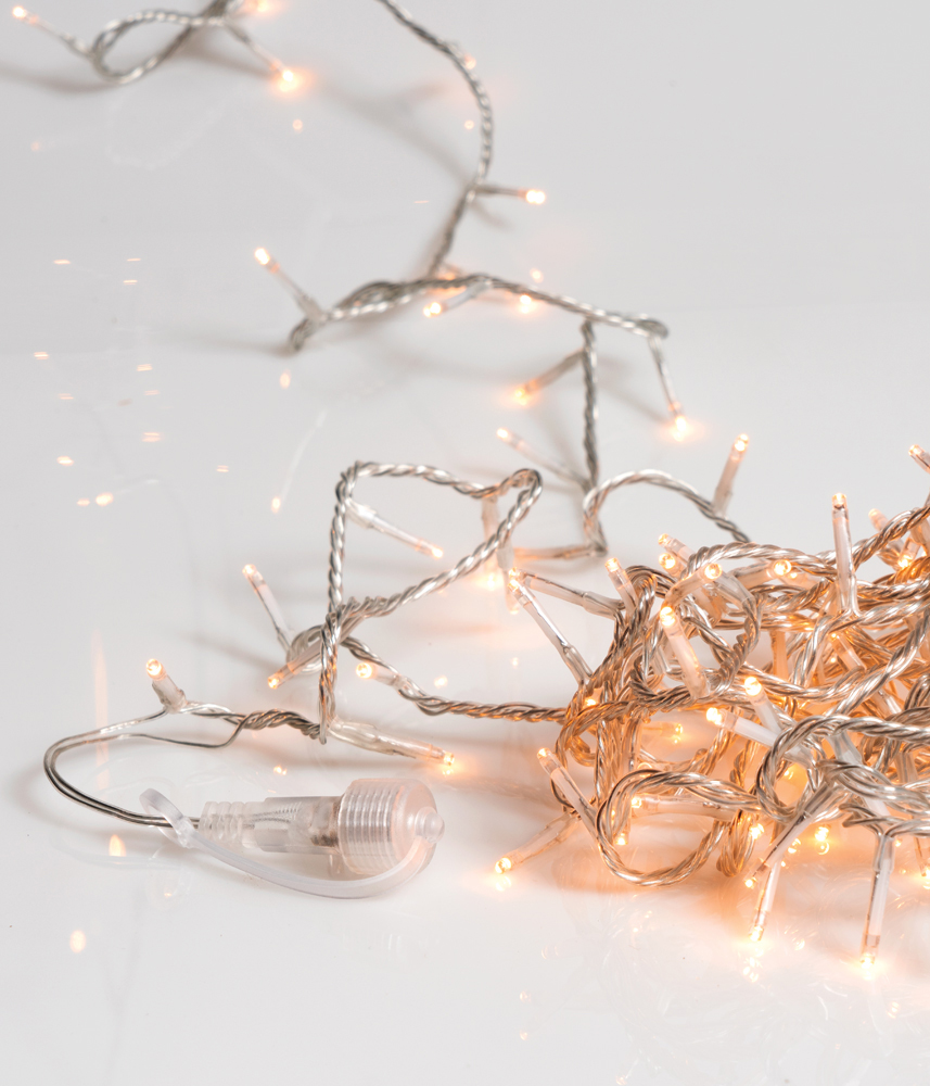 LIANOS 100Led Λαμπάκια Με Επέκταση Και Μετασχηματιστή Ip44 ,Διάφανο Καλώδιο/Θερμό Amber Λαμπάκι , (5cm Απόσταση) 5Μέτρα (Kelvin: 2.100 - 2.300) Με Καρούλη Αποθήκευσης 63373