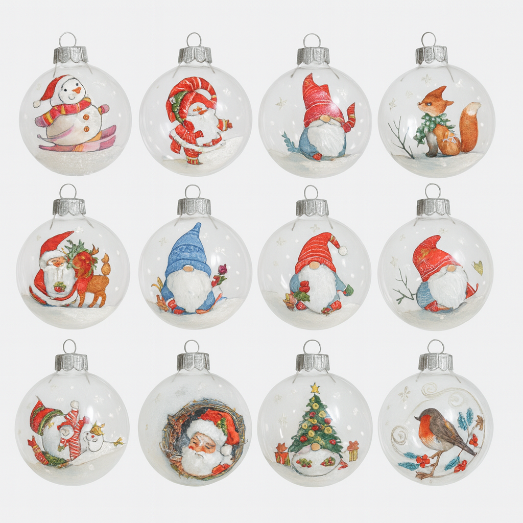 LIANOS Λευκές Γυάλινες Χριστουγεννιάτικες Μπάλες Σέτ 12τεμαχίων , 12 Σχέδια 8cm 26192