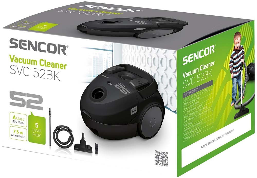 Sencor Ηλεκτρική Σκούπα με Σακούλα 1.5Lt SVC 52BK-EUE3 700W Μαύρη